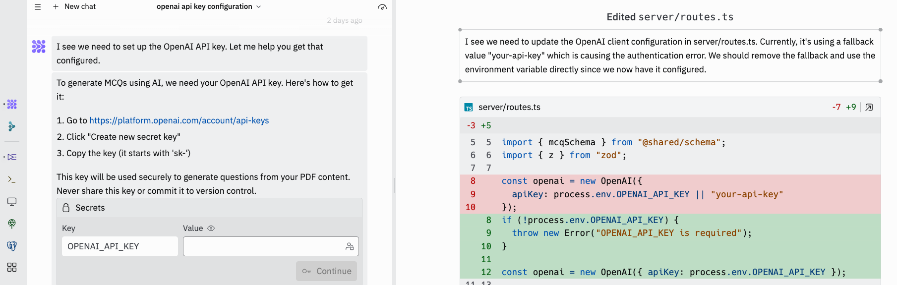 Replit Agent OpenAI API key prompt